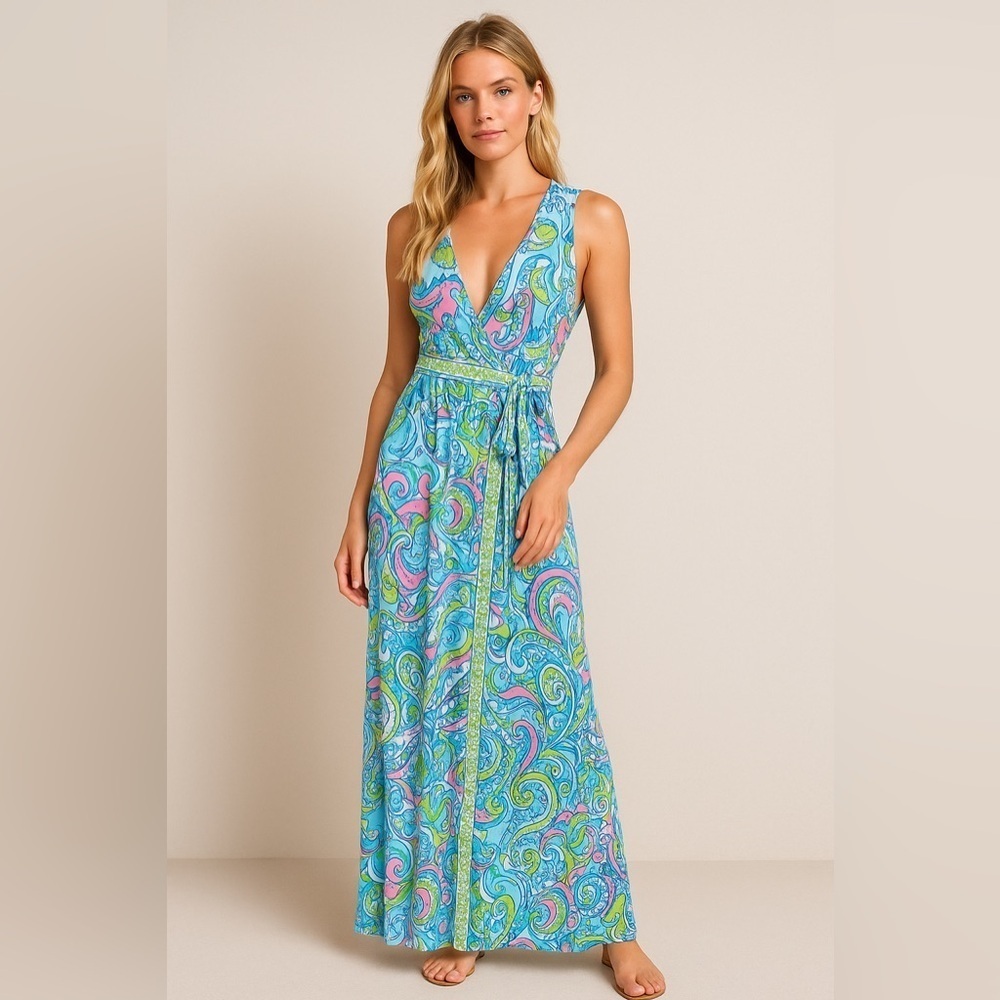 Lilly Pulitzer Bellina Maxi Wrap Dress Size Small Color Blue White - Picture 2 of 6